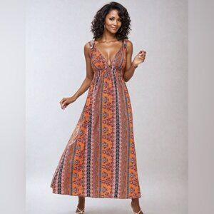 Boho Orange Tie Shoulder Criss Cross Backless Cami Dress